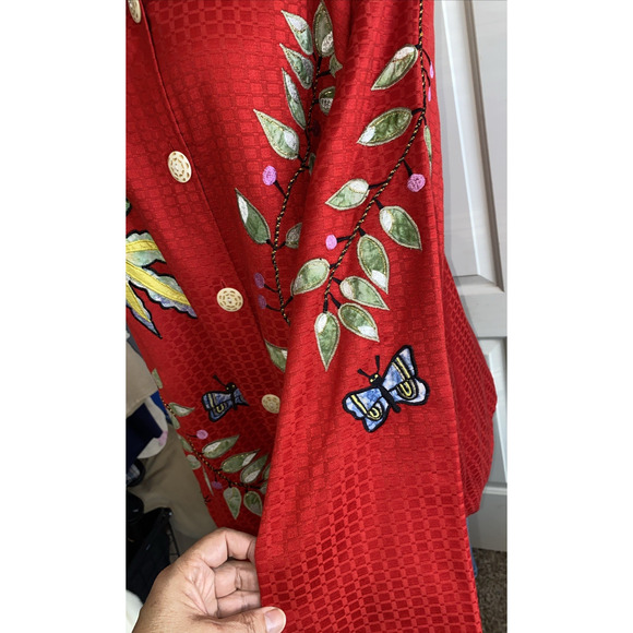 Vtg Maggie Barnes Jacket Red Floral Butterfly Wearable Art Plus Size 4X (J43) - Picture 6 of 12